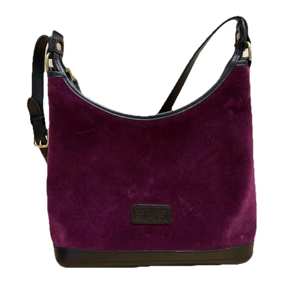 Rare Vintage Dooney & Bourke Purple Velvet Hobo Bag Black Leather Trim USA 80s - Picture 2 of 11